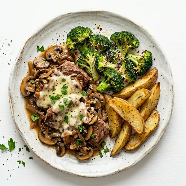 Mushroom - Swiss Cheese Beef  With Baked Broccoli And Potato